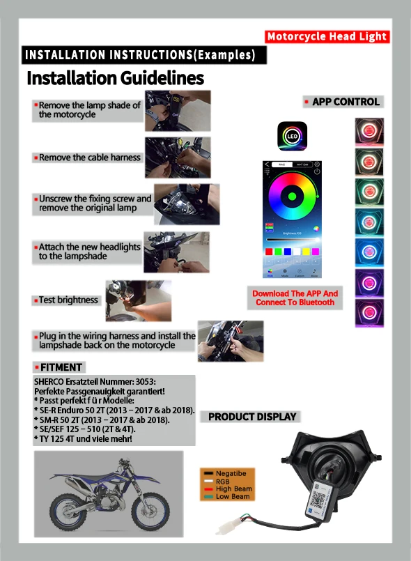 Motorcycle LED Headlights APP Bluetooth Controlled Aperture Angel Eyes For Sherco Pit Dirt Bike Motocross Accessories