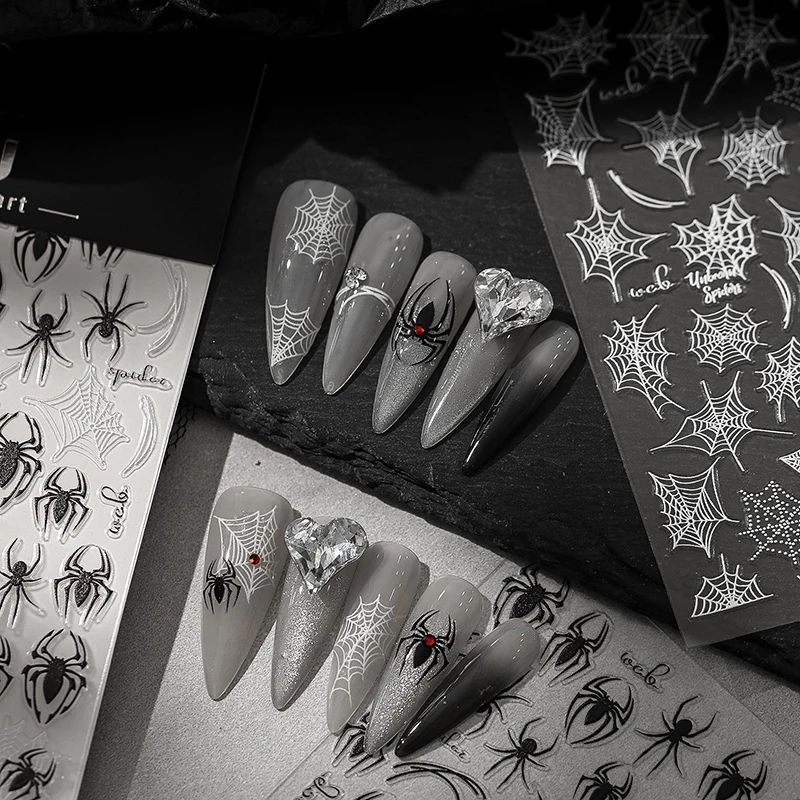 5D Relief Halloween Spider Nails Sticker Black Spiders Cobweb Embossed DIY Manicure Decals