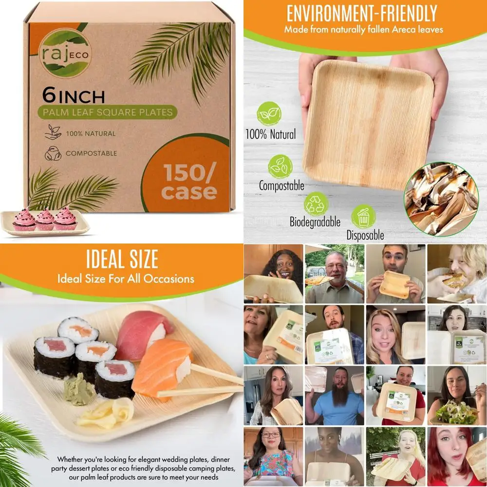 

Disposable Square Palm Leaf Plates - Bulk 50-Pack, Strong and Decorative, 6 Inch, 150 Pack for Eco-Friendly Events