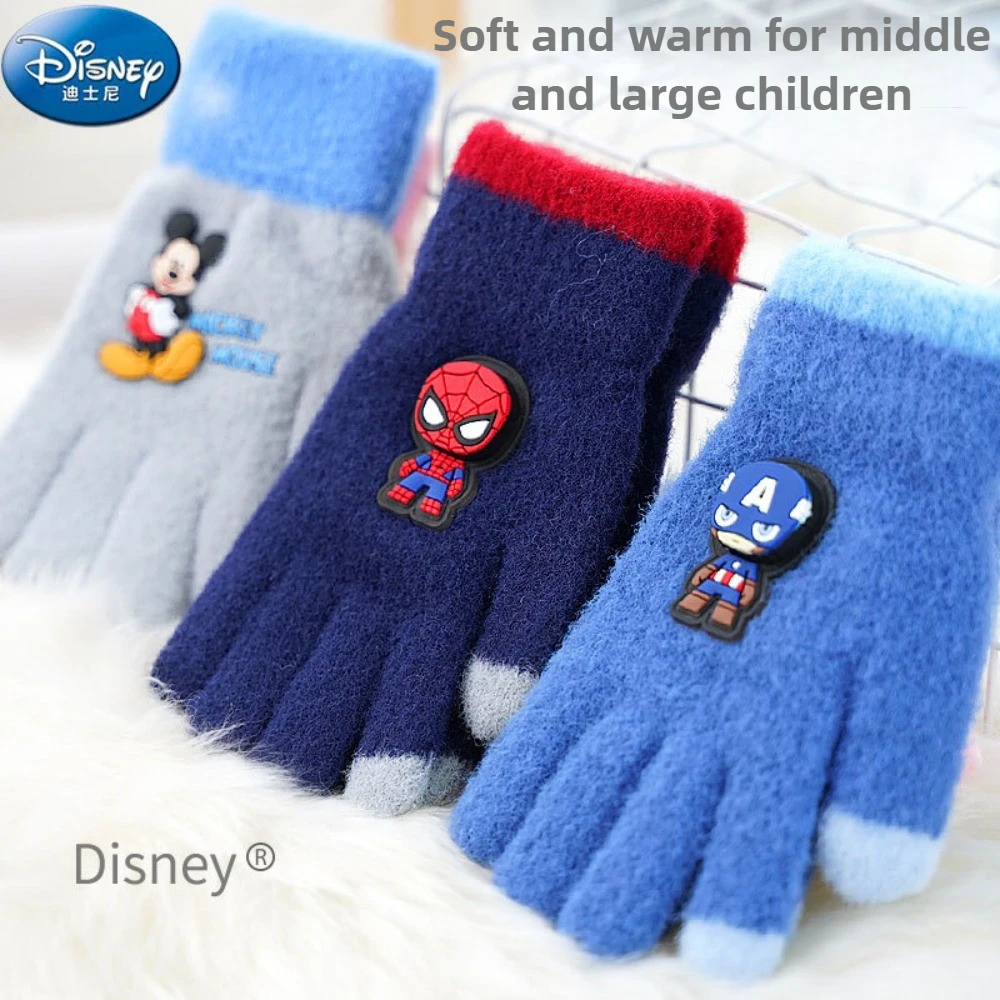 

Disney Marvel Kids Winter Gloves Boys Knitted Five Finger Warm Mittens Plush Spider-Man Captain America Mickey Anti Cold Gloves