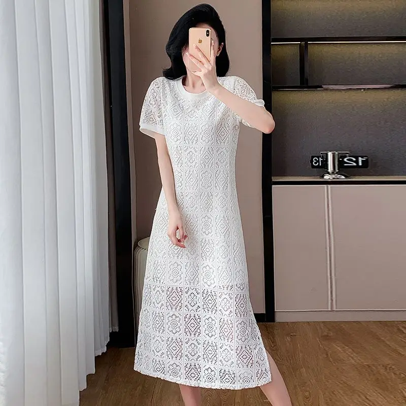 

Кружевное платье с вырезами и утягивающей талией, летний новый стиль, модный дизайн с вставками, юбка А-силуэта с разрезом