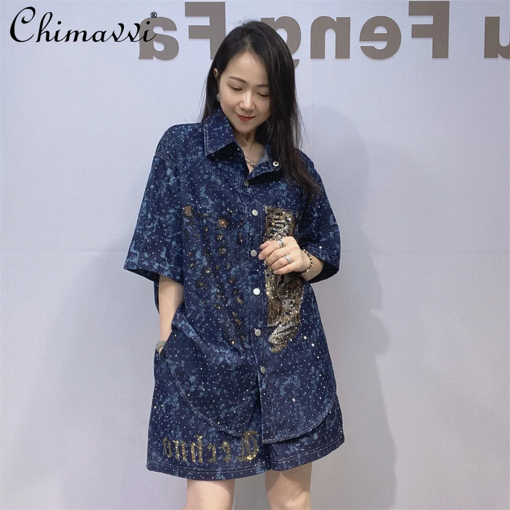 

Fashion Large Size Denim Suit Women's 2025 Summer Heavy Hot Diamond Denim Shirt Top + High Waist Wide Leg Shorts Two-piece Set