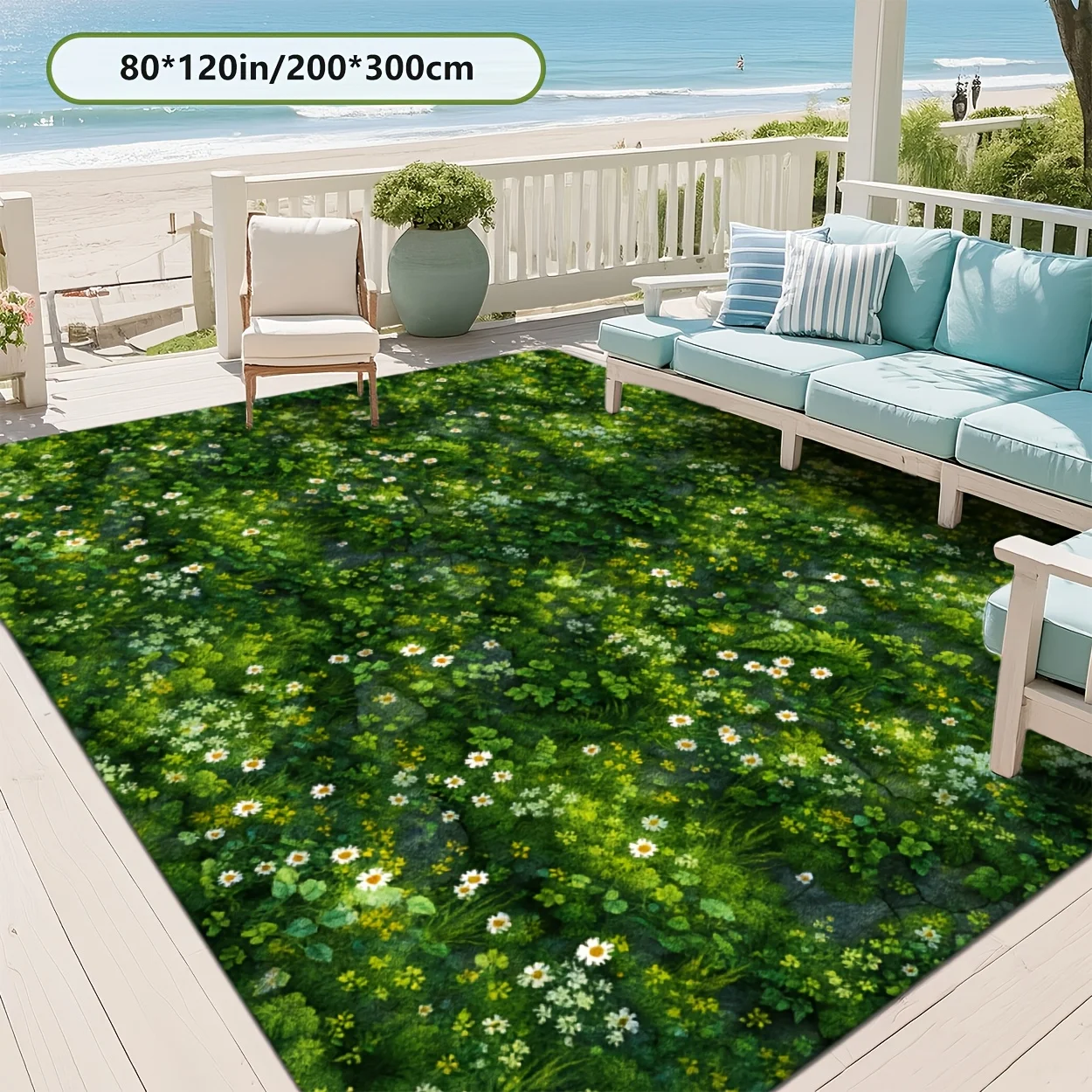 Lush Green Meadow Daisy Print Outdoor Decor Rug,Vivid Nature‑Inspired Floor Mat for Patio Terrace Indoor Outdoor Home Decoration