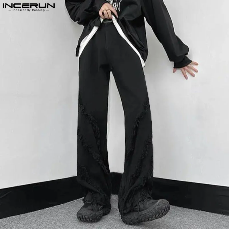 INCERUN Men Pants Tassel Patchwork Button Joggers Streetwear Casual Straight Trousers Men Loose 2024 Fashion Leisure Long Pants