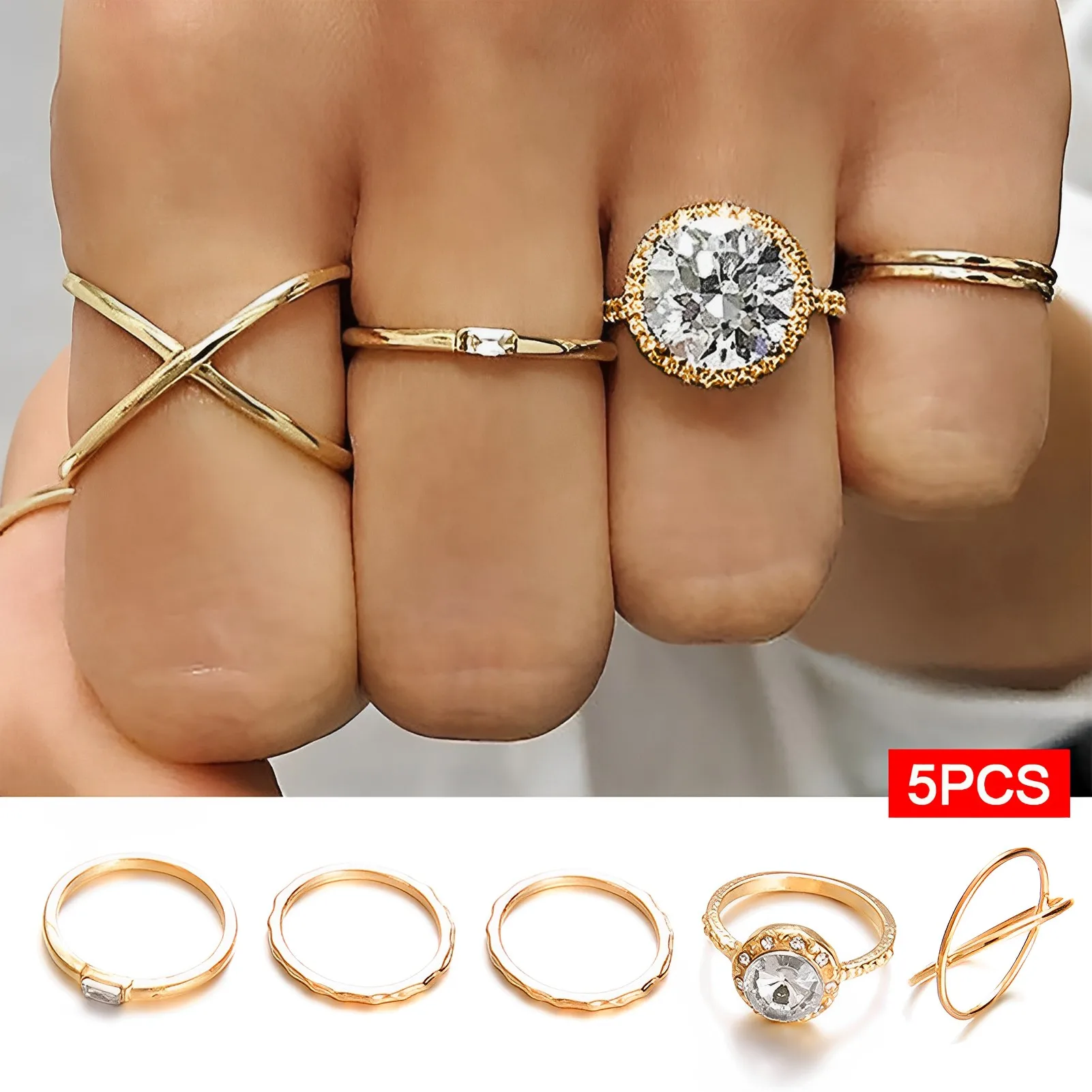 5 Pcs Women Retro Style Rings Set  Women's Retro Style Rings Classic Inlaid Zircon Gift