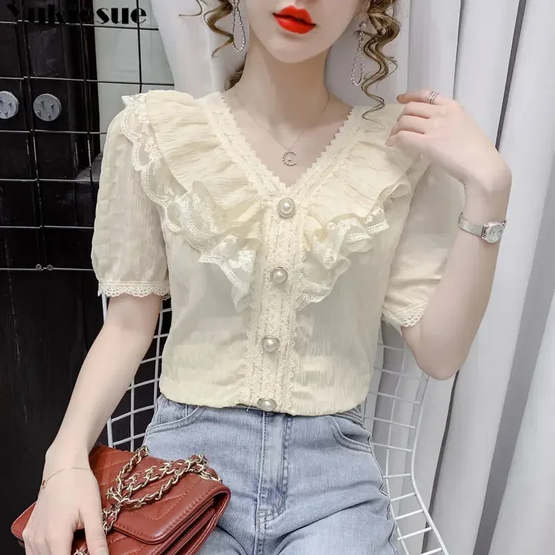 Elegant ฤดูร้อนแขนสั้นเสื้อยืดผู้หญิงแฟชั่น Lace Ruffle V คอเสื้ออารมณ์เสื้อชีฟอง Leisure Aestheticism