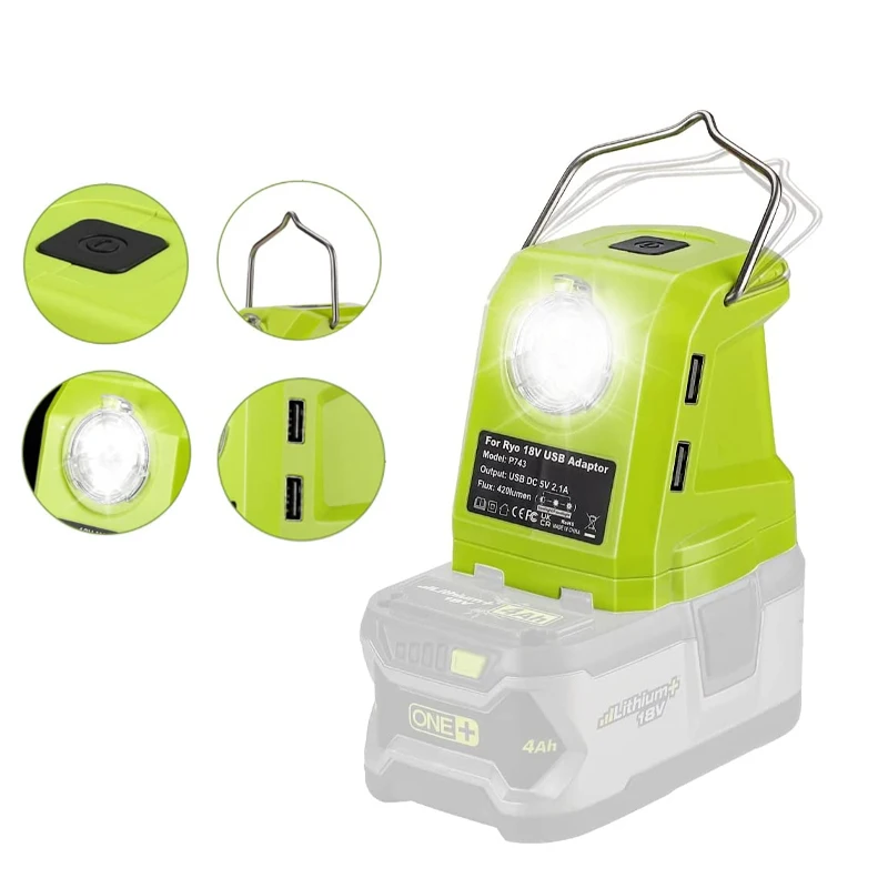 

USB Battery Adapter Portable Power Source with 420LM LED Work Light with Hook for Ryobi 18V One+ Lithium-ion Battery P107 P108