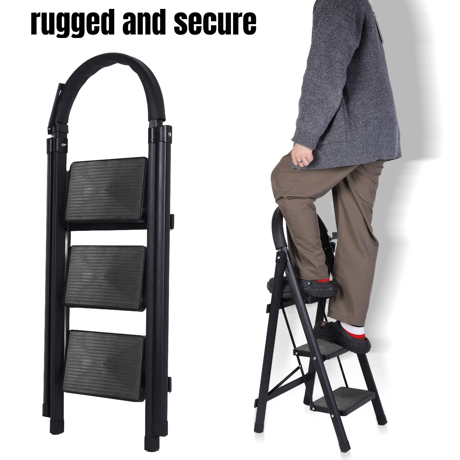 

3 Step Folding Ladder Sturdy& Portable Stepping Stools Max Load Capacity 330lbs Lightweight for Household Kitchen Office