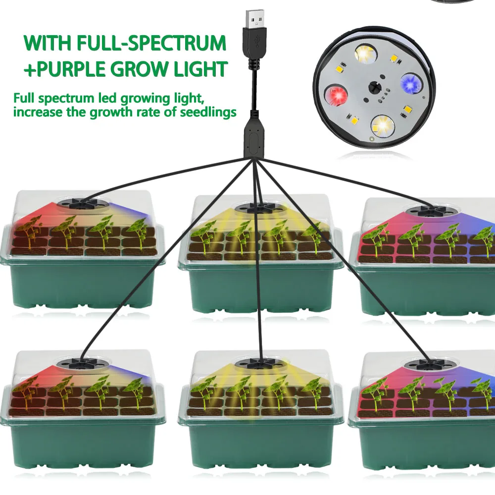 Seed Starter Trays with Dome and Grow Light Microgreens tray hydroponic Indoor Adjustable Ventilation Humidity 12 cells 