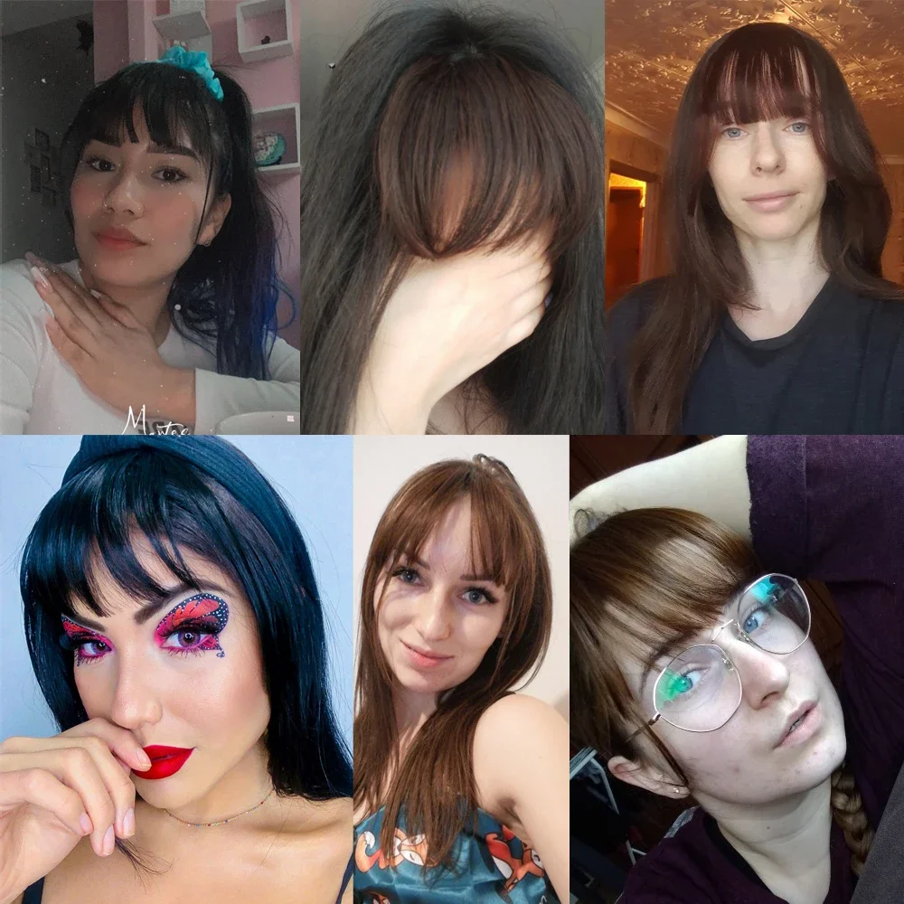 ผมปลอมสังเคราะห์แบบหน้าม้าธรรมชาติสั้นสีน้ำตาลดำต่อผม 1 คลิปในอุปกรณ์เสริมสำหรับผู้หญิงสาว