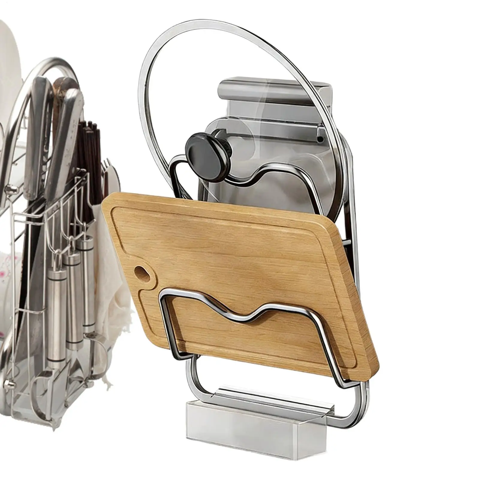 

Подставка для крышек кухонных кастрюль, держатель для крышек из нержавеющей стали, для хранения крышек и ложек во время приготовления пищи, настенный, экономит место