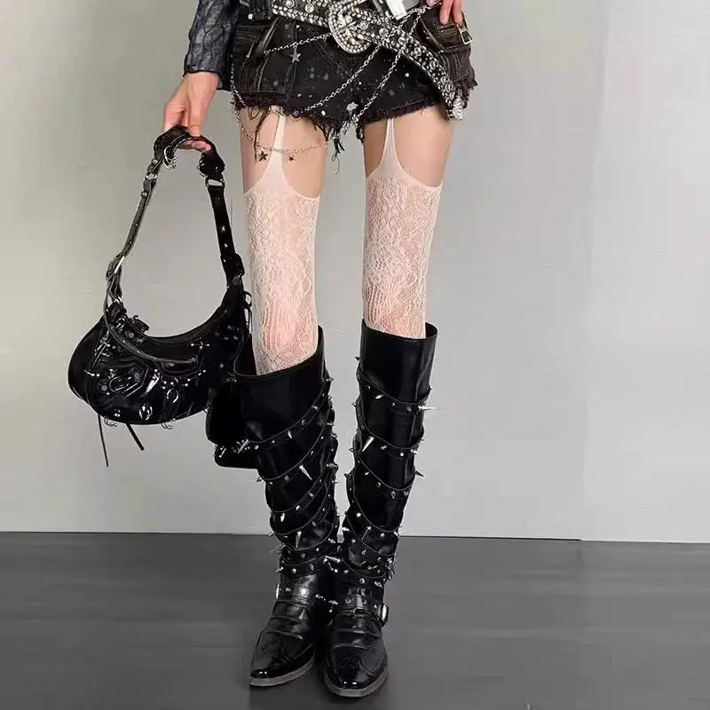 Lolita Süße Mädchen Punk-Stil Blumenmuster Strumpfhosen Bunte Overknee-Strümpfe Transparente Netzstrümpfe Strumpfhalter Strumpfhose mit Gürtel