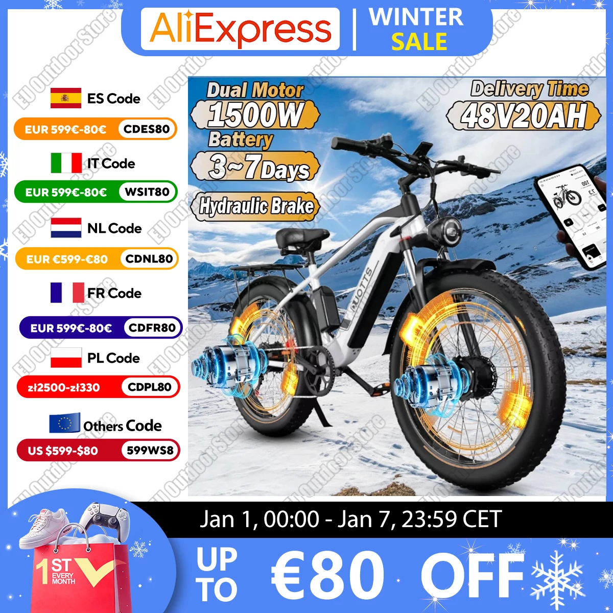 DUOTTS F26 Electric Bike 1500W Powerful Motor 48V20AH Battery City 26*4.0 Fat Tire Snow Electric Bicycle Hydraulic Brake E-bike