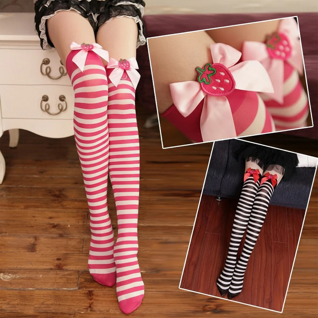 

Длинные носки до бедра из ребристой ткани с клубничным бантом для женщин, полосатые чулки выше колена, чулочно-носочные изделия для ролевых игр и вечеринок