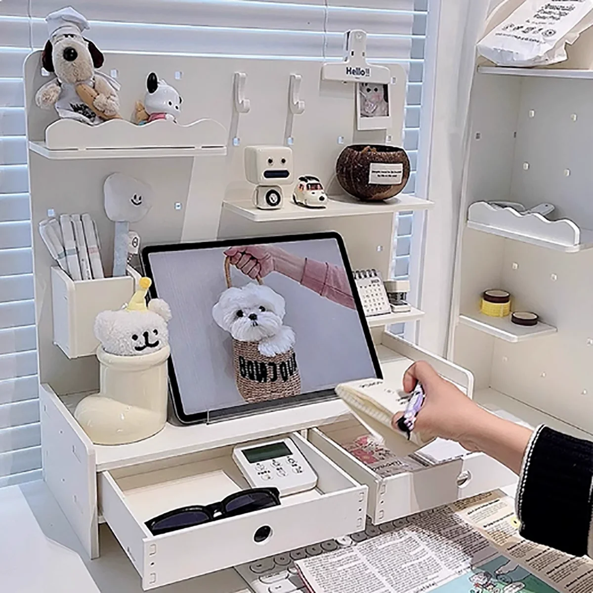 

50cm White Desk Pegboard Organizer with Drawers, DIY Storage Shelf for Office and Dorm