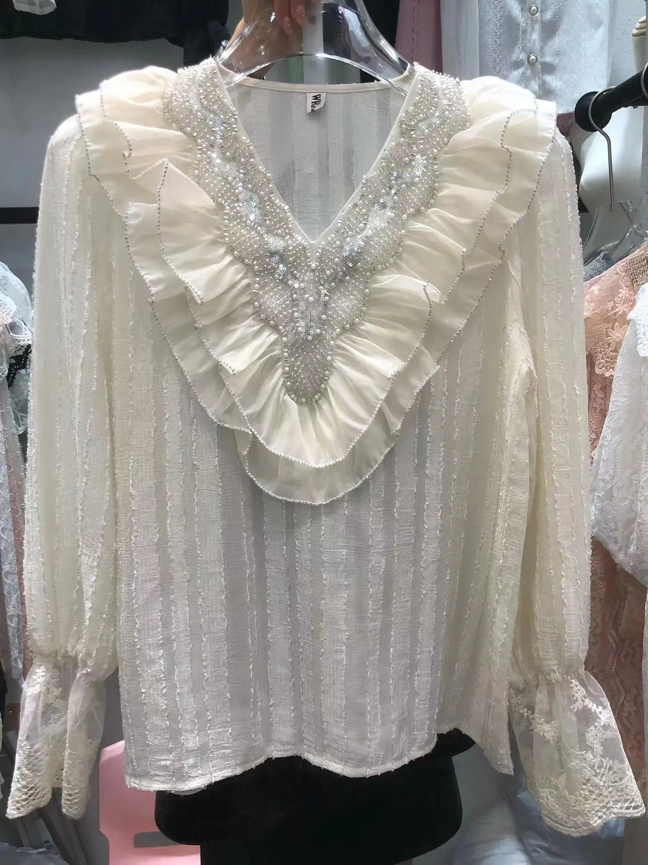 Luxury Heavy Diamonds Beading Sequins Blouses Shirs Women Sweet Lace Chiffon Ruffles Long Sleeve Top 2024 Spring Summer Blusas