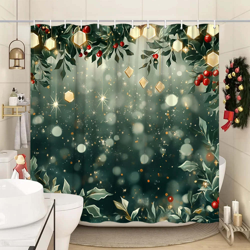 Extra Large Christmas Shower Curtain - Luxury Bathroom Decor with Golden Ornaments, Berry Branches & Bokeh Lights
