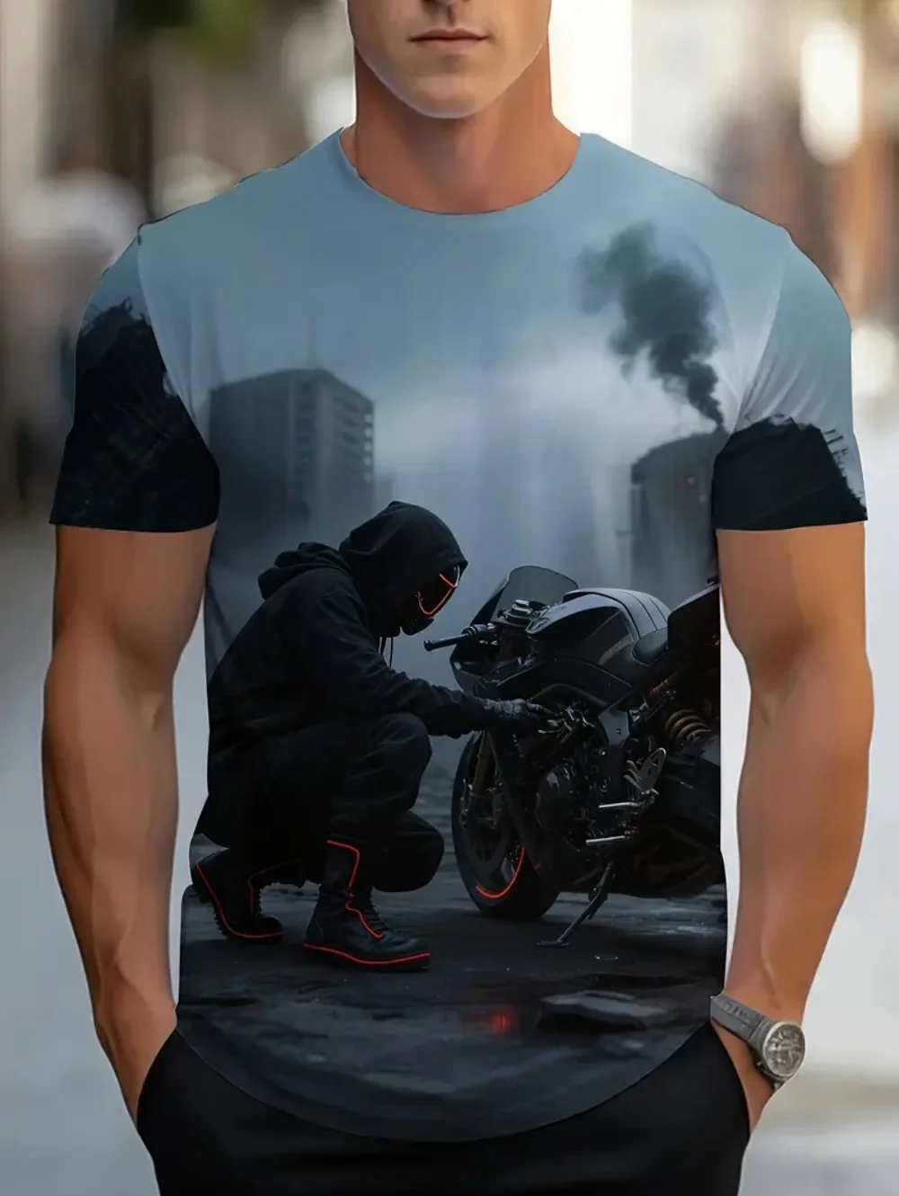 Vintage Herren-T-Shirts mit Motorrad-Print, Grafik-T-Shirts mit Motorfahrzeug-Motiv, Sommermode, lässige Streetwear, Oversize-Herrenbekleidung – Detail 5