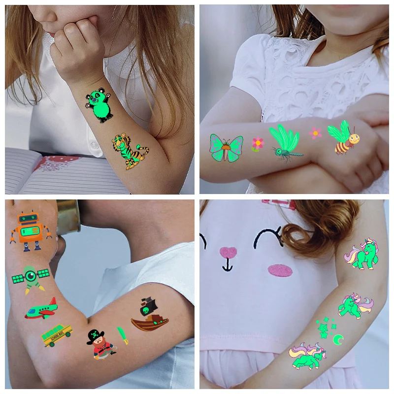 10Sheets Luminous Tattoo Anime Stickers Toys Children Body Art Temporary Fake Tattoos Waterproof Cartoon Unicorn Animal Mermaid