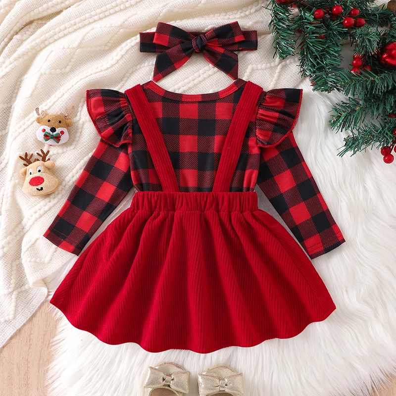 Baby Girl Christmas Outfit, Plaid Ruffle Long Sleeve Romper Reindeer Patch Suspender Skirt Tie Headband 3 Piece Set