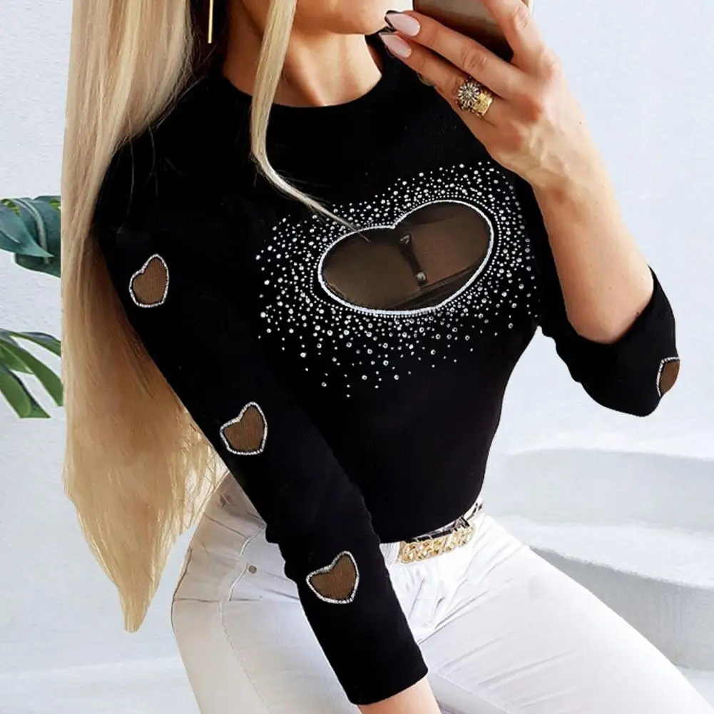 Women Slim Fit Top Stylish Women's Rhinestone Embellished Blouses Office Lady Heart Pattern Tops Sheer Mesh Patch Pullovers Slim