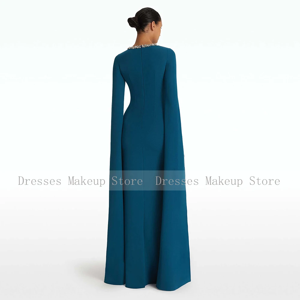 Elegant Wedding Guest Dresses for Women 2025 Lake Blue Cloak Sleeves Formal Party Gowns Long Column Crystal O Neck Evening Dress image 2