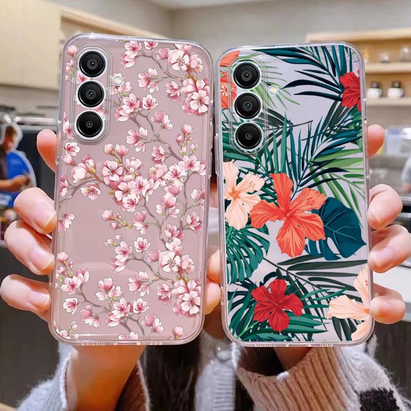 For Samsung Galaxy M15 F15 Case Fashion Flowers Painted Clear Silicone Phone Cover For Samsung M 15 Fundas Cute Cat Couple Coque