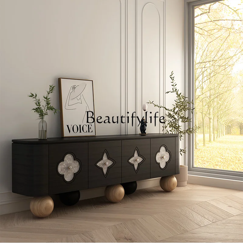 

French Solid Wood Retro TV Cabinet and Tea Table Combination Simple round Feet Small Apartment Living Room Audiovisual Cabinet