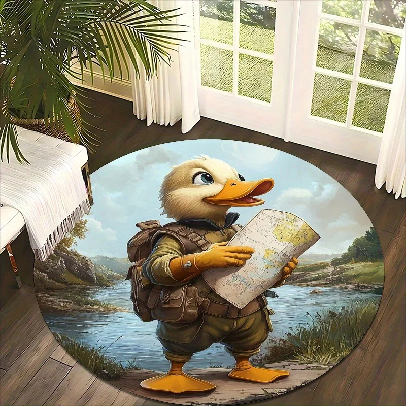 Cute Exploring Duck Flannel-printed round floor mats are slip-resistant Suitable for living room bedroom terrace garden carpets