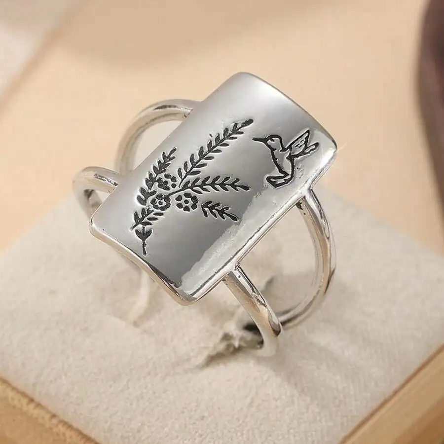 

Vintage Carved Hummingbird Floral Ring For Bird Lovers Unique Jewelry Gift