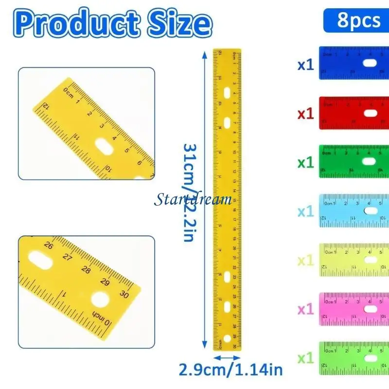 Réguas coloridas transparentes 12 polegadas com régua matemática furo com escala centímetros e centímetros K92C