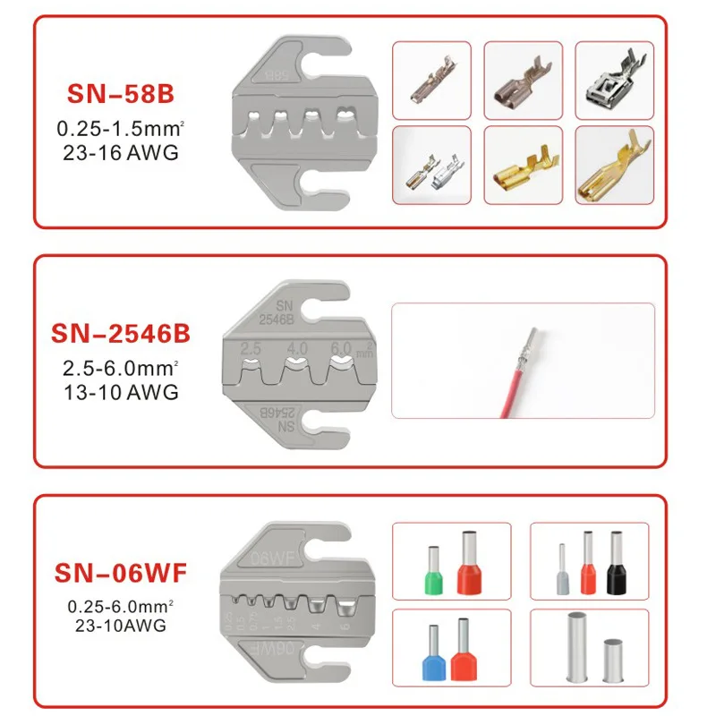 Ratschen-Crimpwerkzeuge SN-58B-Zange mit austauschbarer Backe für XH2.54/DuPont2.54/2.8/4.8/6.3/ nicht isolierte/Ferrule-Anschlüsse – Detail 7