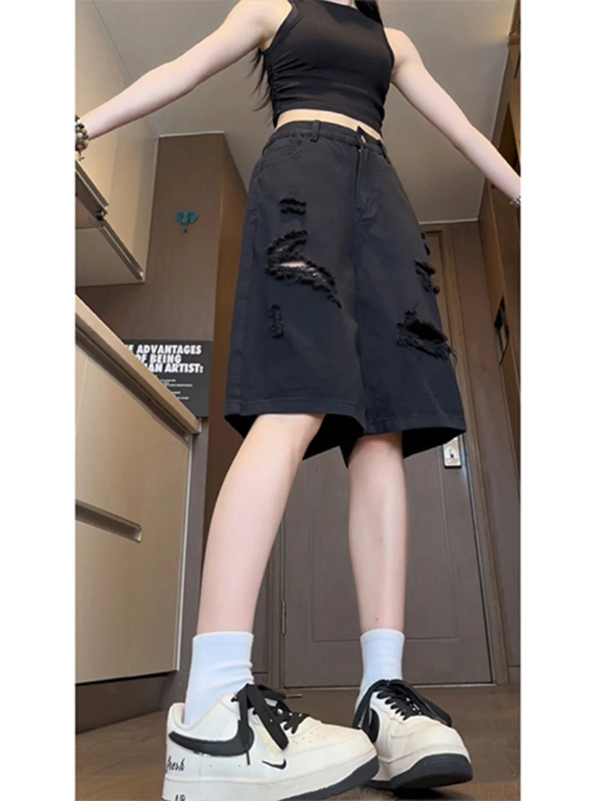 

Bla Ripped Denim orts Men's Summer Thin Faion Brand Cool Streetwear over Knee Four Five Split American Casual orts