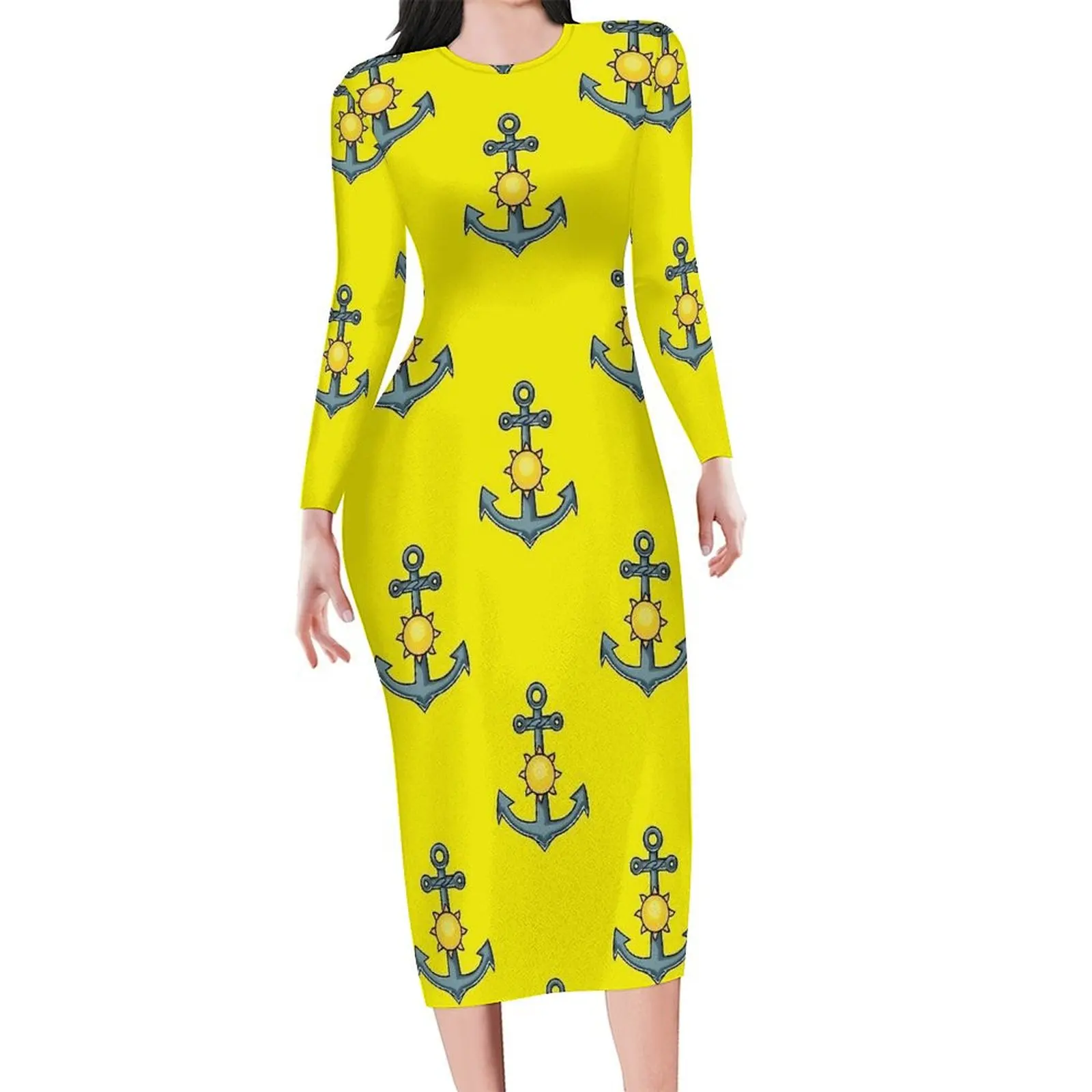 Anchor Yellow Pattern Dress Women  Street Fashion Bodycon Dress Autumn Long Sleeve Cute Dresses Custom Oversized Vestido