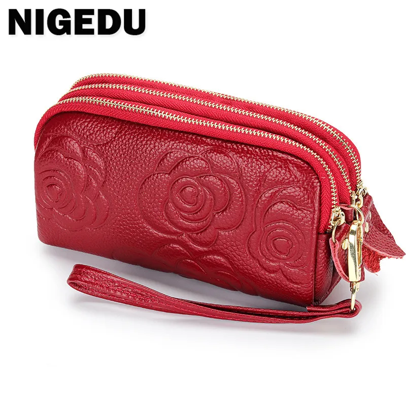 Ladies genuine leather clutch purses Long Women Wallet Multilayer Zipper wrist bag female Coin Purse Flowers Mobile phone bag