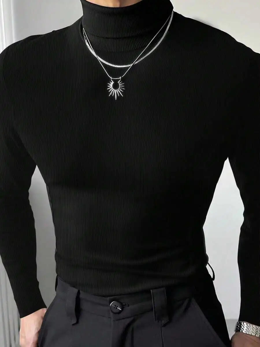 

Men's Black Ribbed Turtleneck Pullover, Slim Fit Long Sleeve for Fall Casual Wear