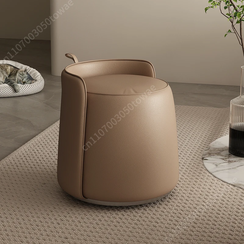 360° Swivel Ottoman with Genuine Leather Seat, Modern Upholstered Round Stool with Carry Handle
