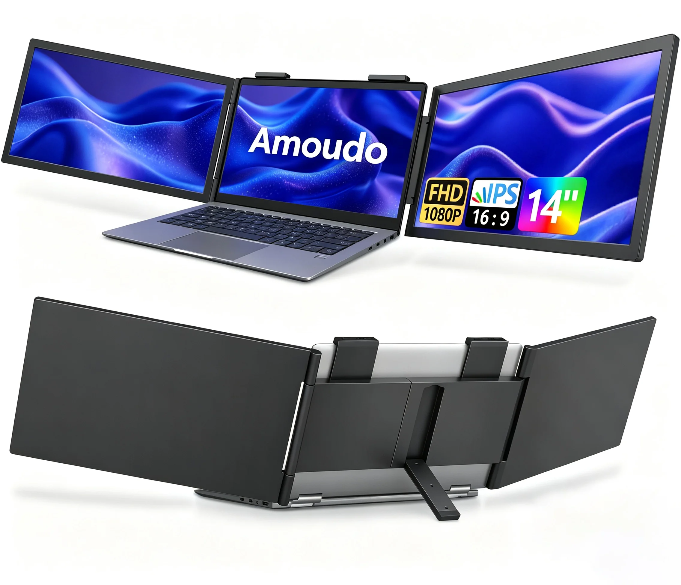 Amoudo Triple Portable Monitor 14 Inch 1920*1080P 60HZ Monitor Extender IPS Portable Triple Monitor with USB-C Port for 14-16.5" Laptops Windows/Mac Xbox