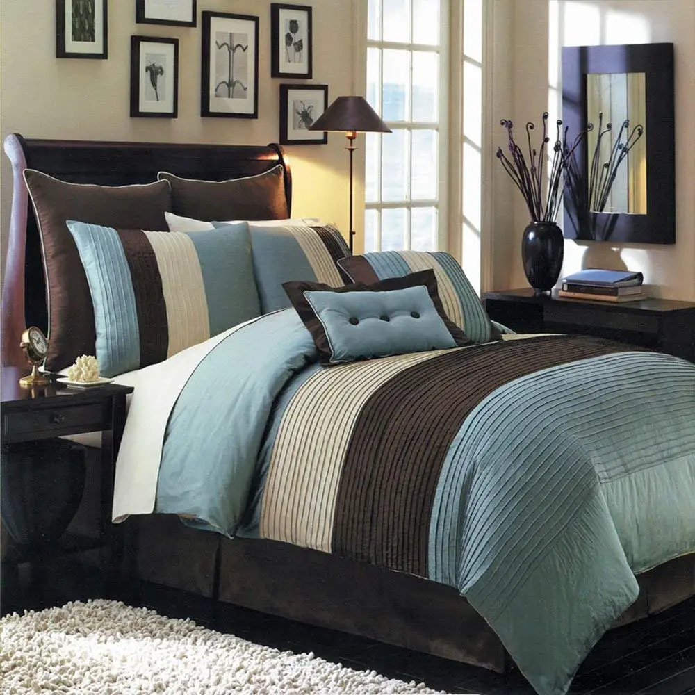 Hudson Teal-Blue, Brown, and Cream Cal-King Size Luxury 8 piece Comforter Set Includes Comforter, Bed Skirt, Pillow