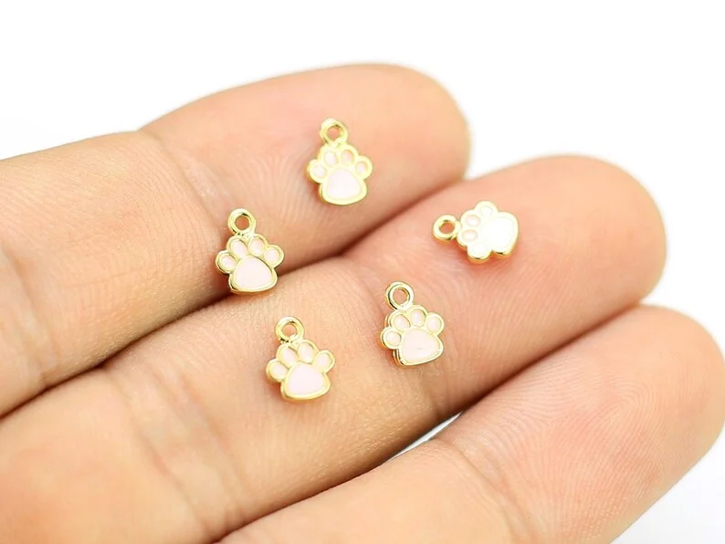 6pcs Light Pink Enamel Paw Charms, Real Gold Plated, Earring Charms For Hoops, Cat Paw Charm, Dog Paw Charm G105