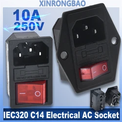 IEC320 C14 Electrical AC Socket 3 pin red LED 250V Rocker Switch 10A fuse female male inlet plug connector Embedded socket mount