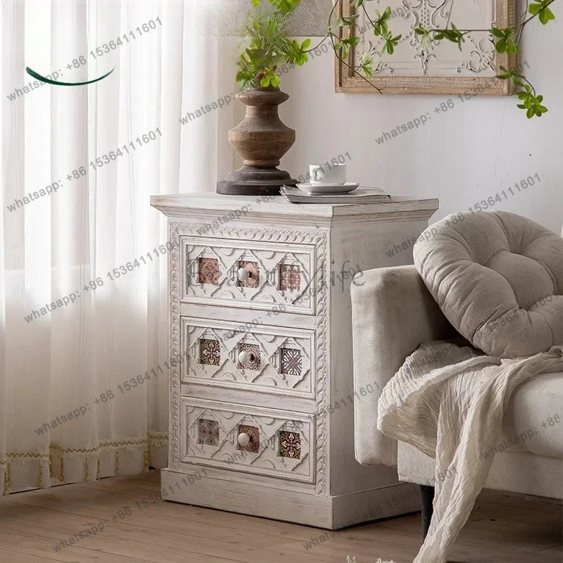 FG11Mediterranean style painted retro drawer chest chest American pastoral bedside table storage cabinet bedroom
