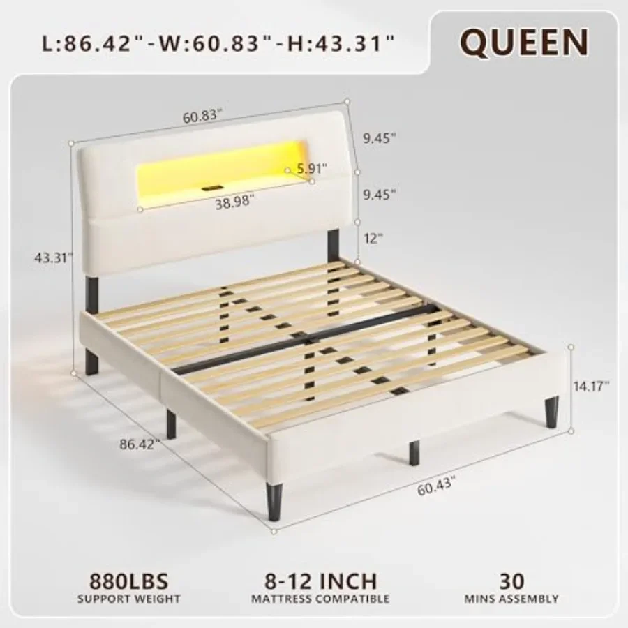 Bed Frame with Charging Station for Bedroom, Fabric Upholstered Headboard in Gray, Modern Style with Built-in USB Ports and Wir