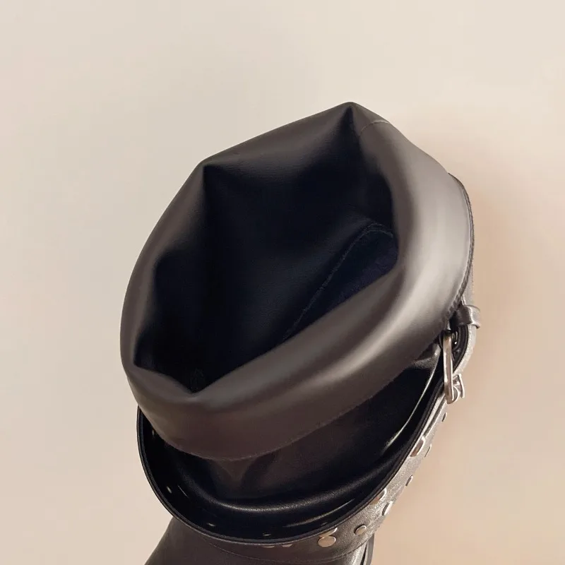 Rivet Buckle Women Mid Calf Boots Round Toe Pants Tube Leather Boots Autumn Winter Vintage Ladies Slip On Western Cowboy Boots