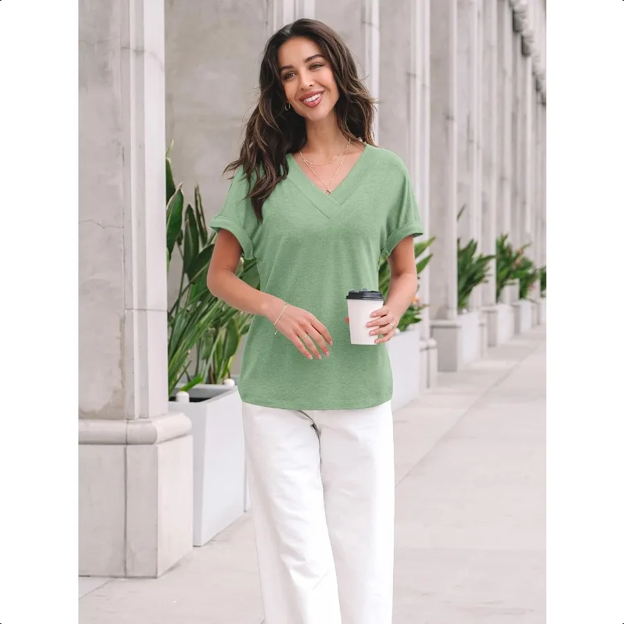 AUTOMET Tops para mujer Camiseta de manga corta Verano Cuello en V Top casual 2025 Primavera Lindo Trajes básicos de moda Moda
