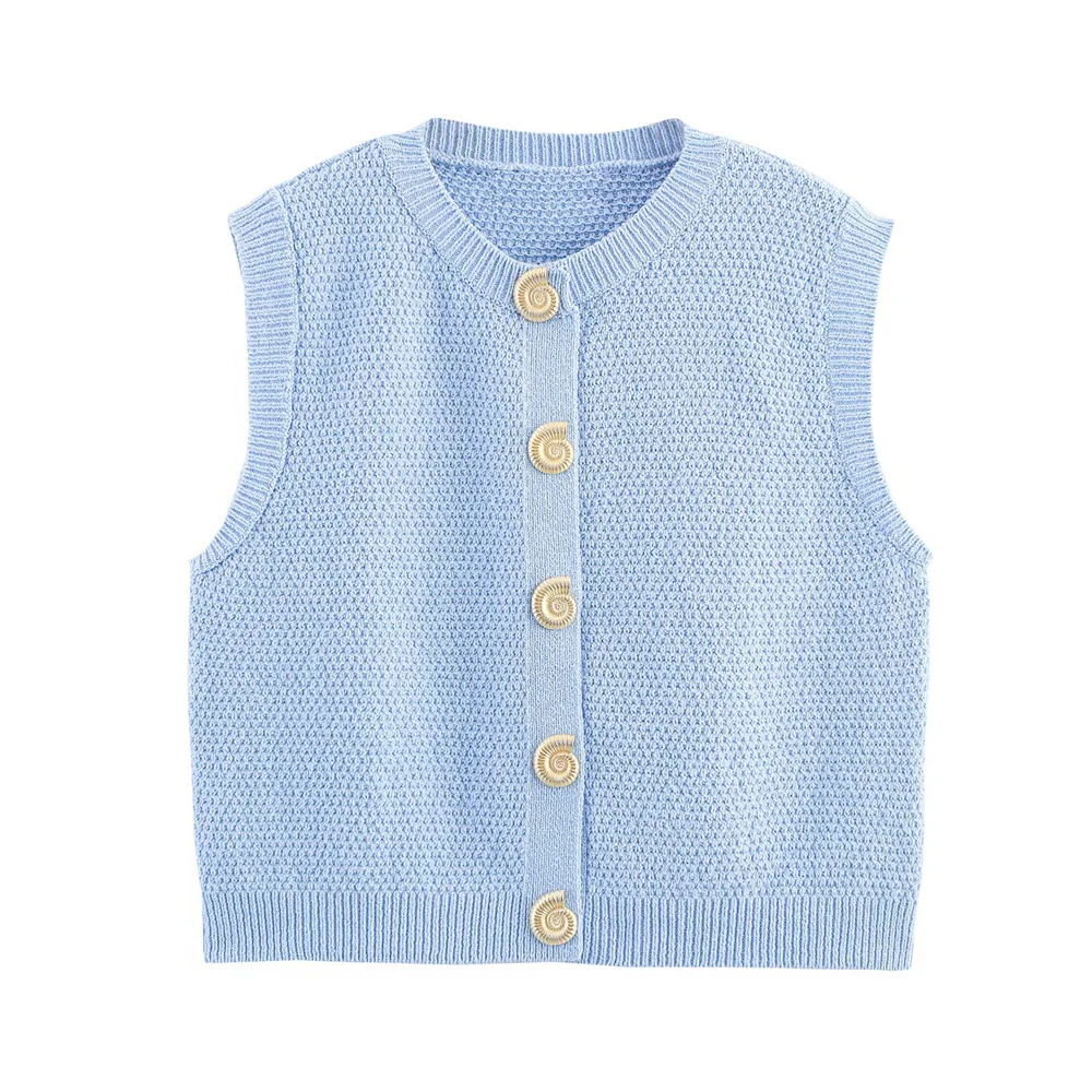 

BMURHMZA women's summer new single breasted round neck sleeveless gold button patterned knitted vest top