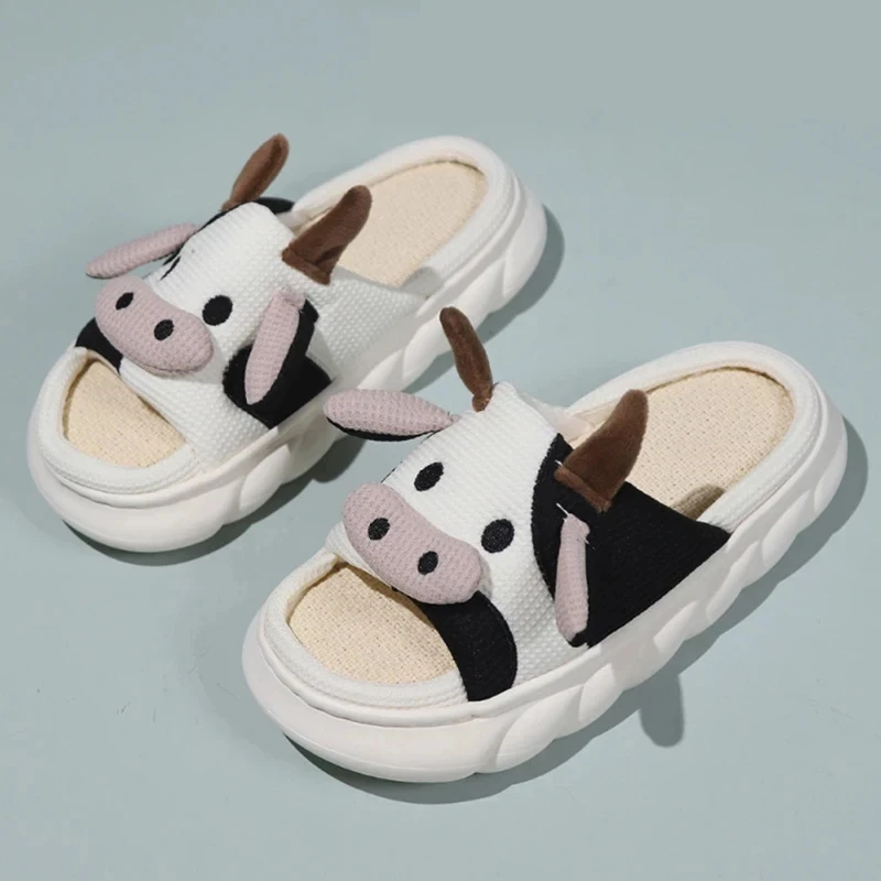 

Casual Platform Slippers Women Home Cute Cow Cartoon Designer Shoes Girls 2024 Linen Fashion Chic Elegant House Slipper Big Size