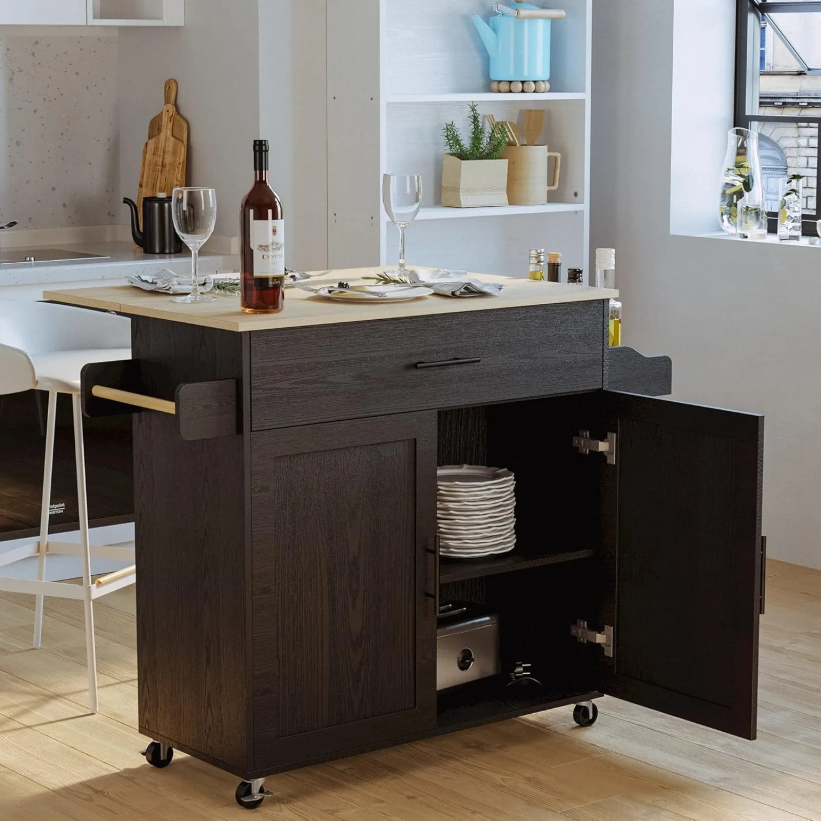 US Rolling Kitchen Island Table on Wheels with Drop Leaf, Storage Cabinet, Drawer, Spice/Towel Rack, Kitchen