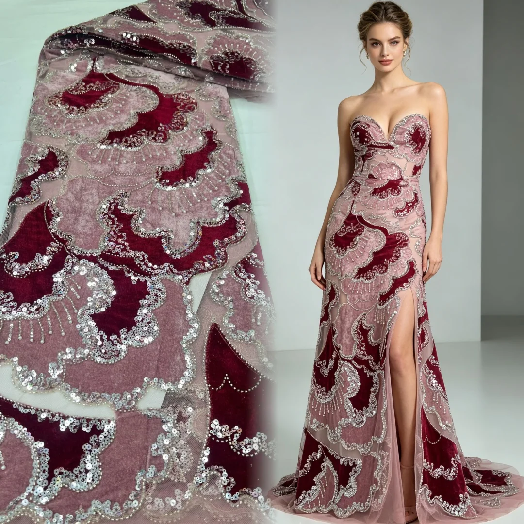 Velvet Fabric Embroidery - 5 metri di tessuto ricamato in
