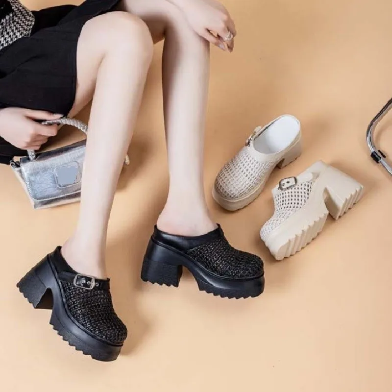 2026 10cm Synthetic Microfiber Leather Women Summer Shoes Platform Wedge Flats Slip on Sandals High Heel Hollow Slippers Fashion